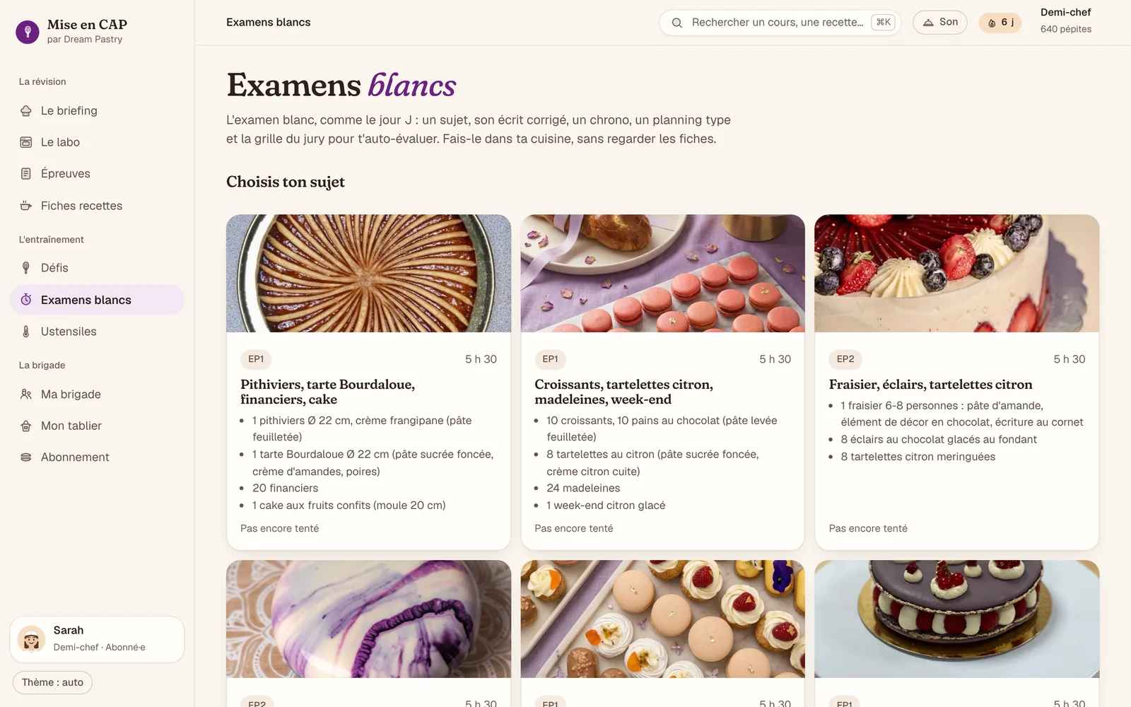 Écran des examens blancs : huit sujets de 5 h 30 et l’oral d’anglais, illustrés par les pâtisseries à réaliser