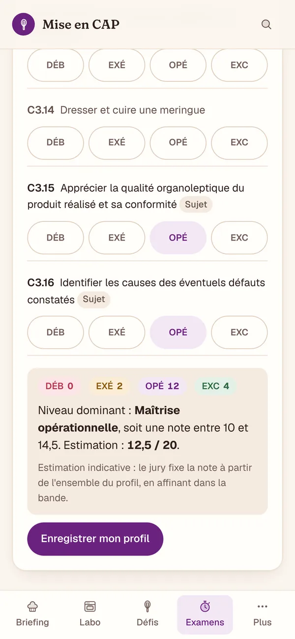 Grille du jury remplie sur téléphone : profil de 18 compétences et note estimée de 12,5 sur 20