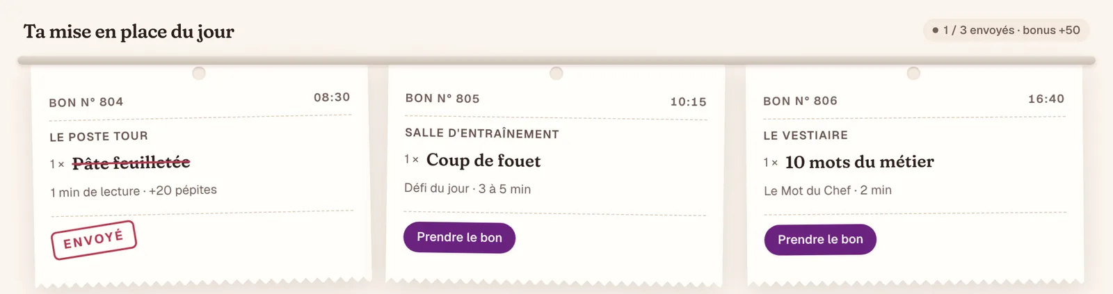 Les trois bons du jour sur le rail : une fiche à lire, un défi et dix mots du métier, le premier tamponné « Envoyé »